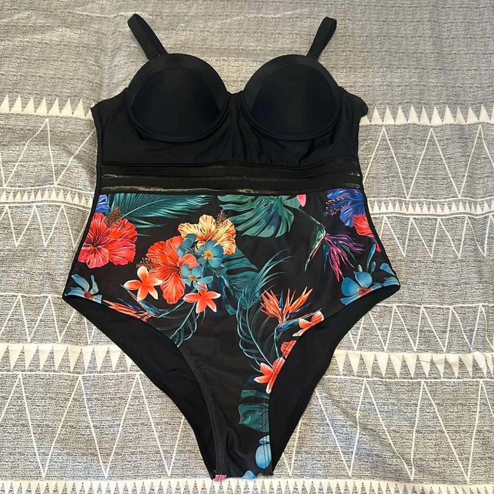 Black tropical one piece swimsuit